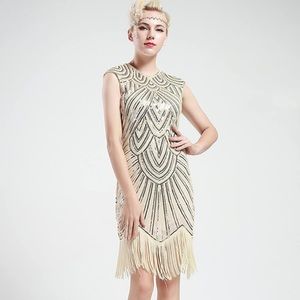 1920s Gatsby Retro Diamond Sequined Embellished Fringed Flapper Dress